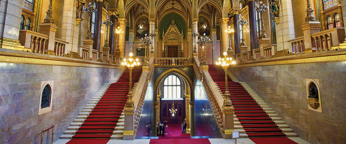 The elaborate interior of Budapest’s Parliament Building